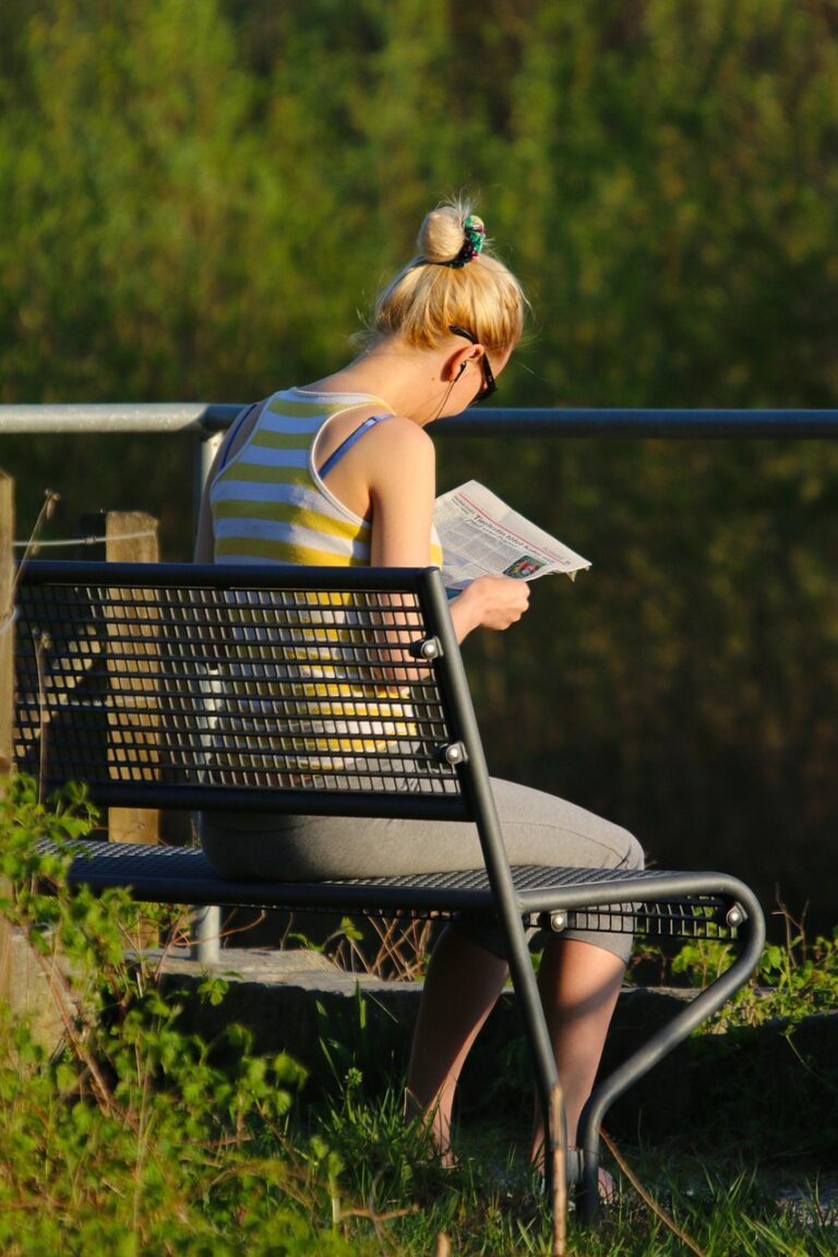 bench, woman, newspaper reading, quiet, concentration