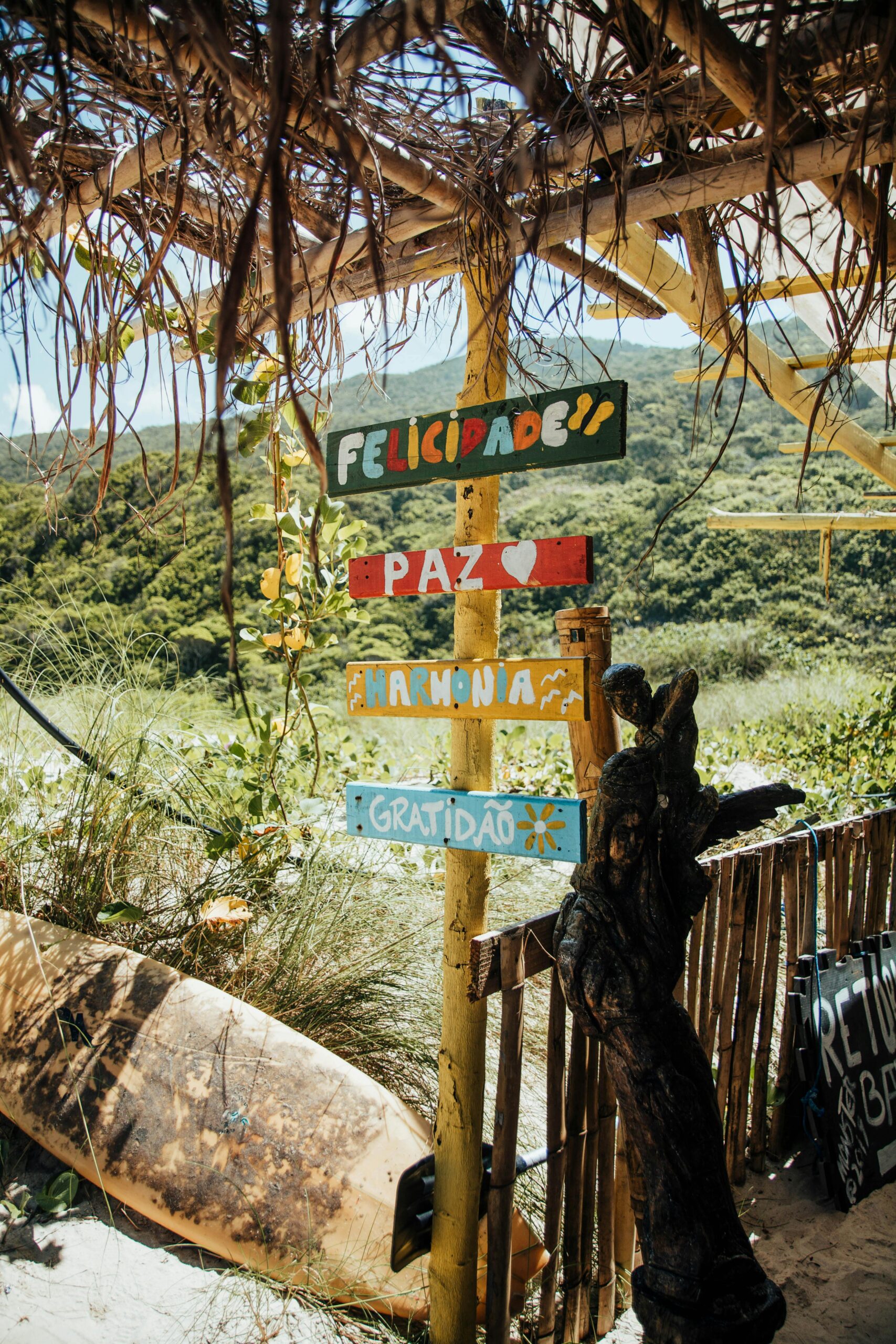 Colorful wooden signpost under a thatched roof, surrounded by lush greenery in Brazil.