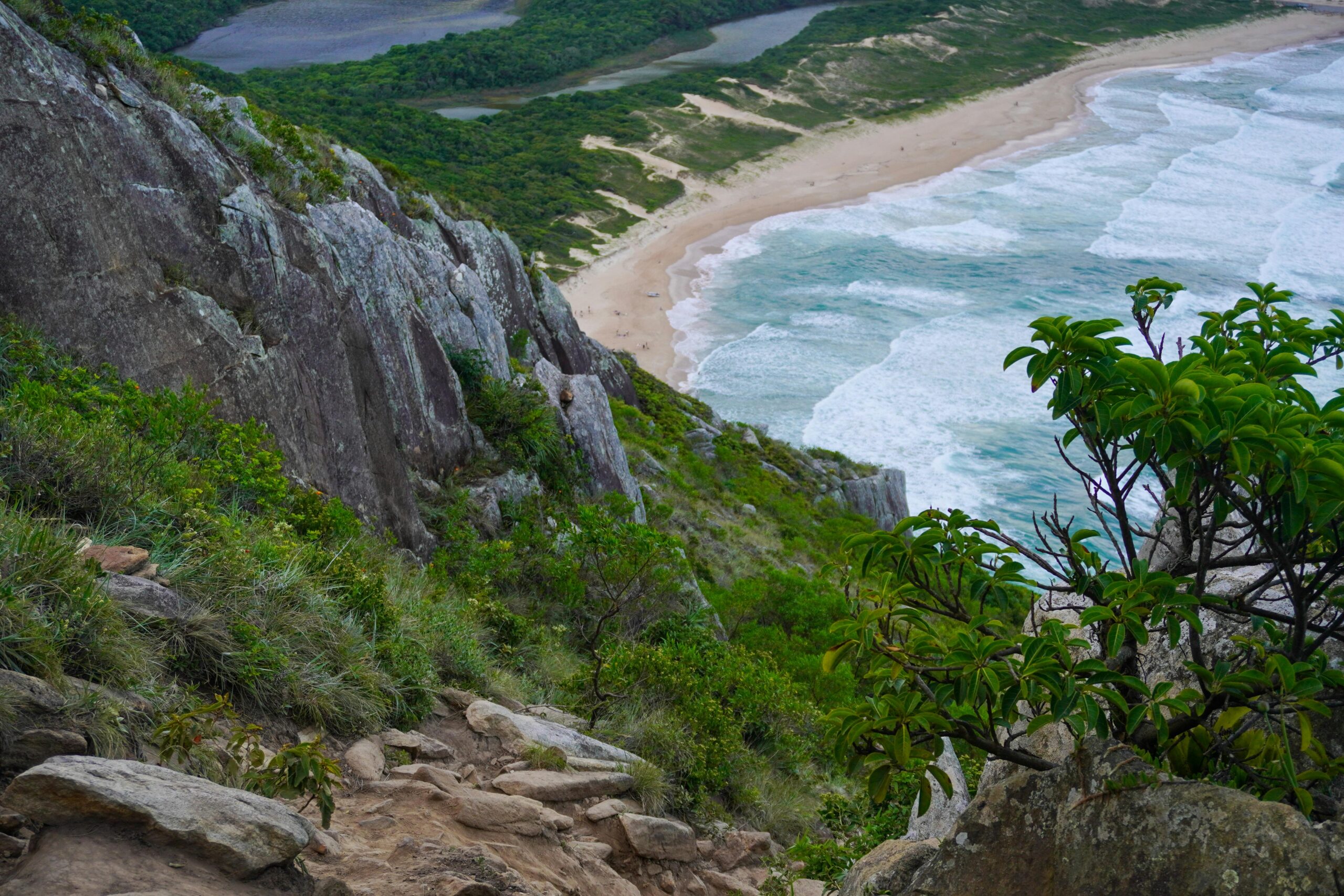 Explore the stunning coastal landscape of Florianópolis, Brazil from a high vantage point.