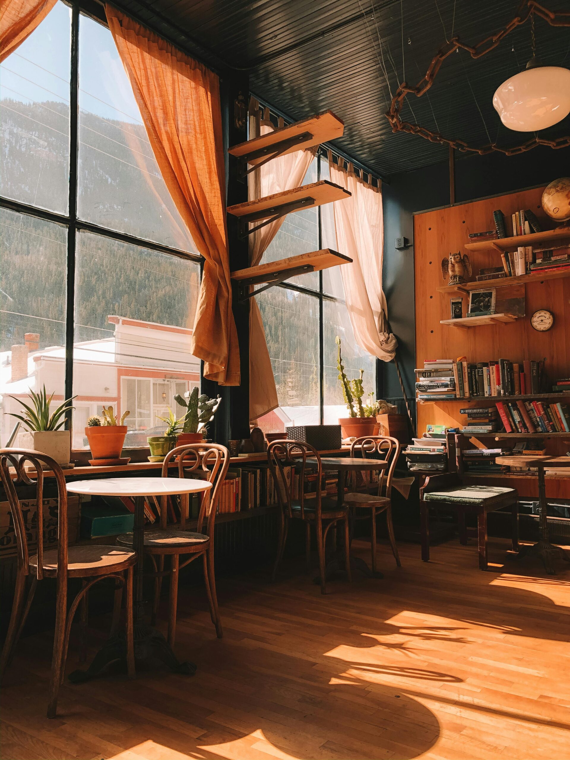 Warm, sunlit café in Silver Plume, Colorado with wooden furniture and bookshelves.
