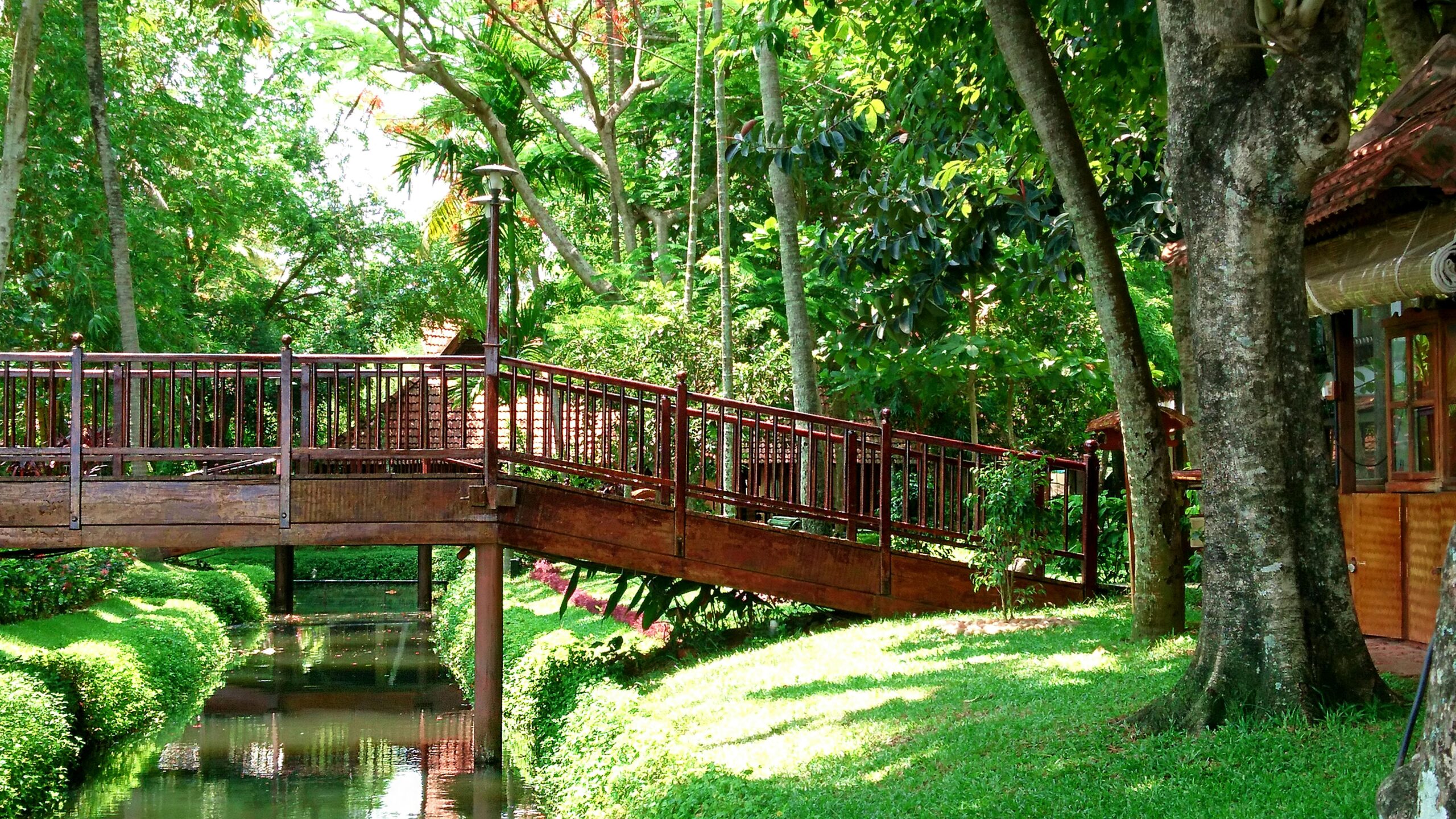 A scenic view of a wooden bridge amidst lush greenery and tranquil surroundings in an Indian resort.