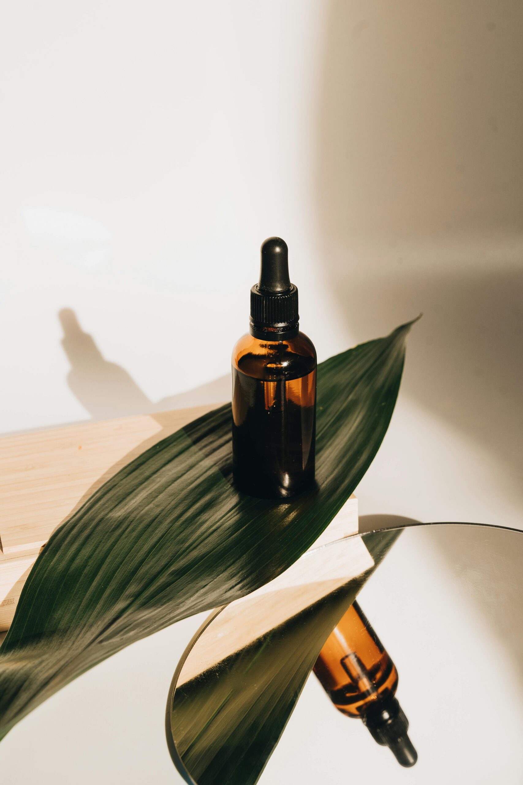 Stylish skincare dropper bottle with large leaf on reflective surface, ideal for beauty product advertising.