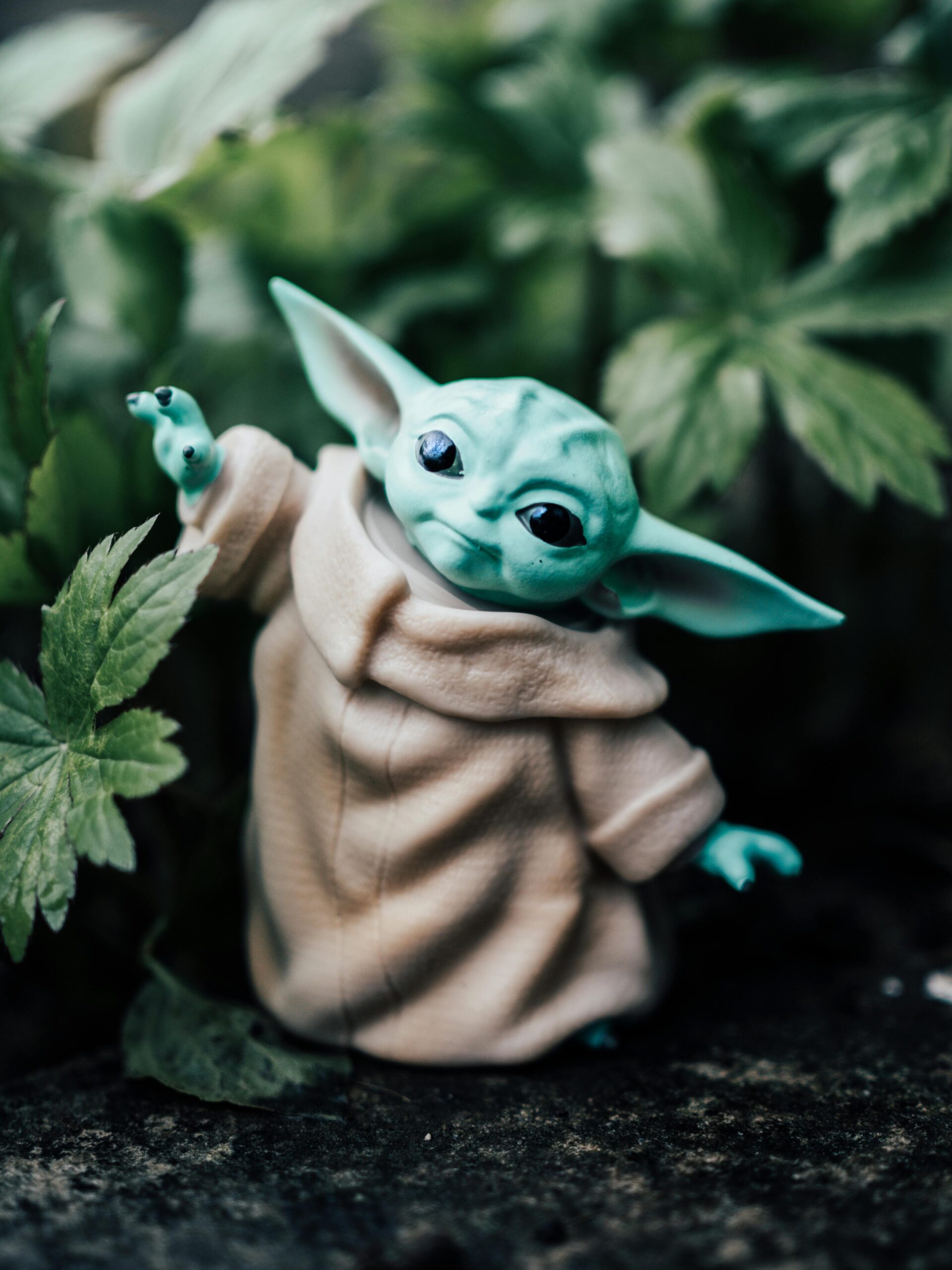 Charming Yoda toy figure surrounded by vibrant green leaves, perfect for nature-themed mobile wallpapers.